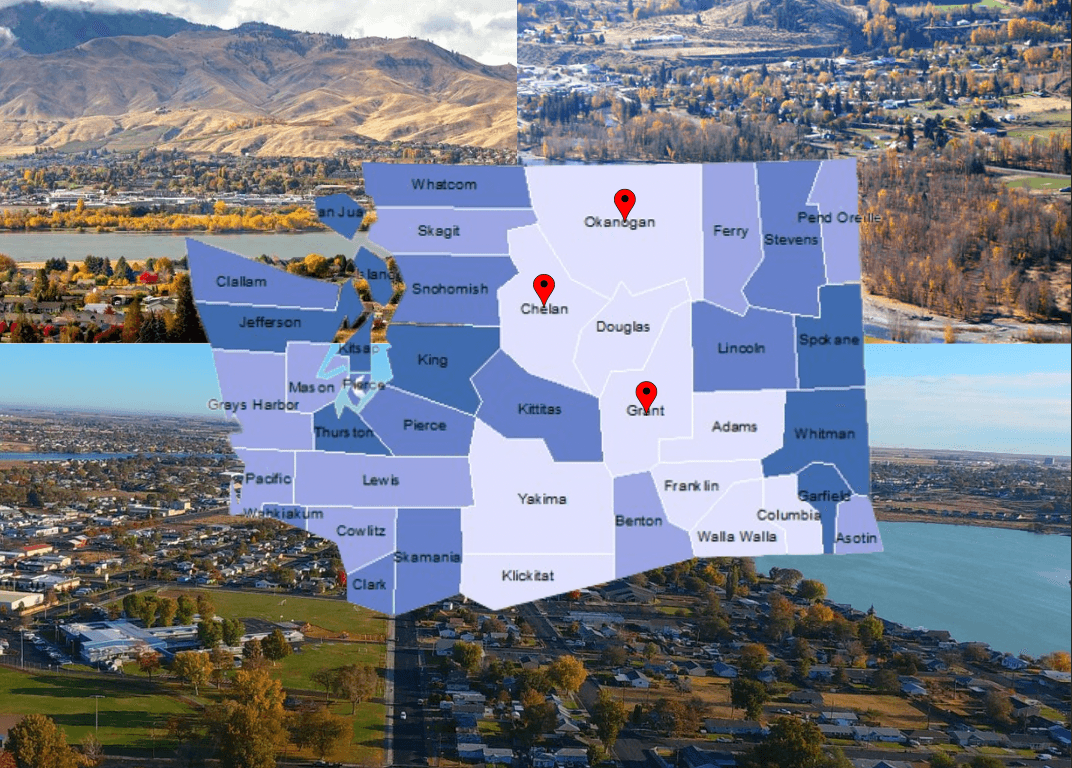 Washington state divided by county, with pins in Grant county, Okanogan County, and Chelan county. In the background are pictures of different cities from those three counties.