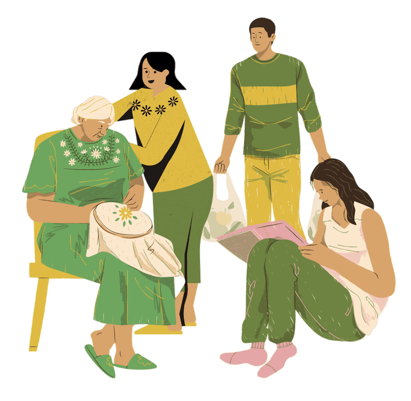 Cartoon portrayal of latin family. Grandma is working on embroidery. Daughter is reading. Mother is adjusting grandmother's chair. Son is bringing in groceries.